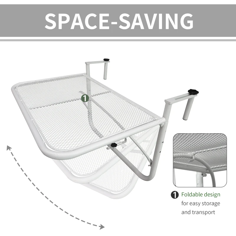 Outsunny Adjustable Balcony Hanging Railing Table, Metal Mounting Mini Wall Desk Storage Rack, Outdoor Flower Stand Serving Table Rectangle, White