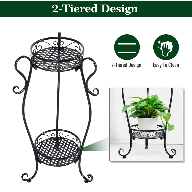 Outsunny 2 Shelf Flower Pot Stand 2-Tier Freestanding Plant Display Rack Indoor Outdoor Metal Easy to clean porch, patio, backyard