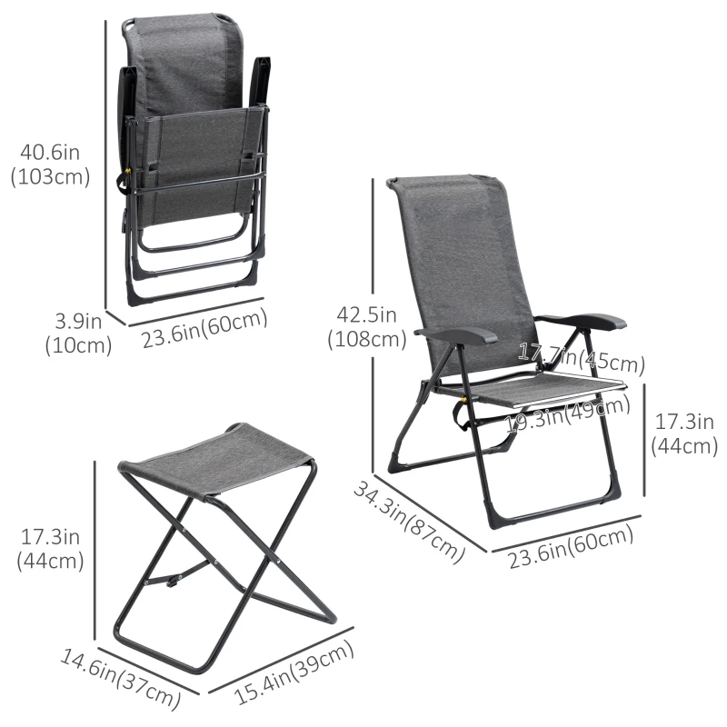 Outsunny Patio Lounge Chair Outdoor Lounger Recliner Folding Camping Chair with Footrest and Storage Pocket, Black Grey