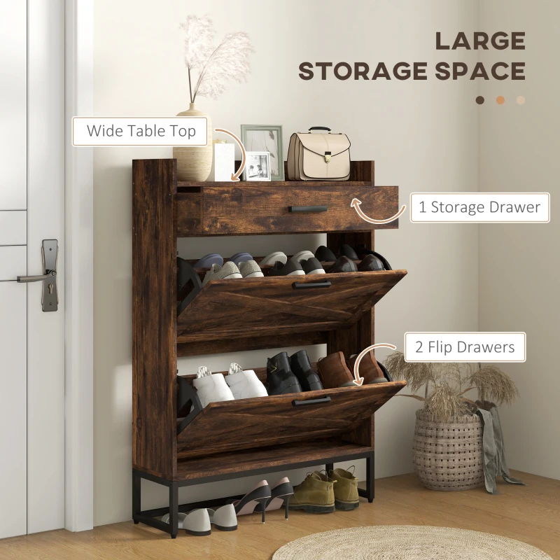HOMCOM Industrial Narrow Shoe Cabinet - Space-Saving Entryway Shoe Organizer with 2 Flip Drawers & Adjustable Shelves, Rustic Brown, Stores 12 Pairs