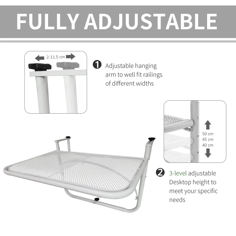 Outsunny Adjustable Balcony Hanging Railing Table, Metal Mounting Mini Wall Desk Storage Rack, Outdoor Flower Stand Serving Table Rectangle, White