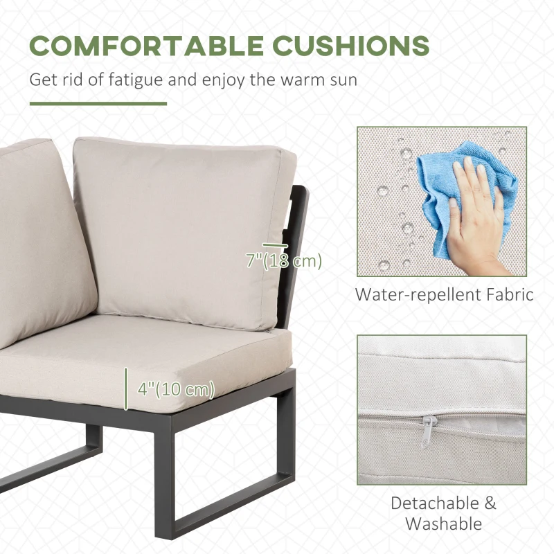 Outsunny 6-Piece L-shaped Patio Furniture Set for 7, Aluminium Conversation Set Sectional Corner Sofa Set with Widened Seat, Teak Wood Top Coffee Table & Cushions, Cream White