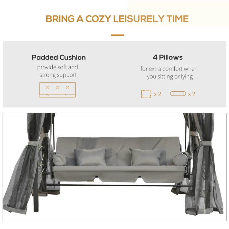 Outsunny 3 Person Outdoor Patio Daybed, 3 in 1 Canopy Gazebo Swing Chair Garden Hammock with Sun Shade, Mesh Mosquito and Net, Dark Grey