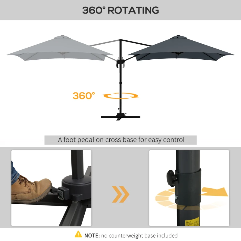 Outsunny 10x10ft Cantilever Umbrella Rotatable Square Market Parasol, 4 Adjustable Angle for Outdoor Backyard Patio Dark Grey