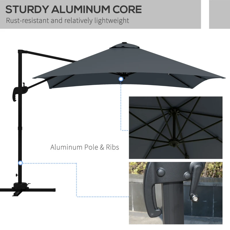 Outsunny 10x10ft Cantilever Umbrella Rotatable Square Market Parasol, 4 Adjustable Angle for Outdoor Backyard Patio Dark Grey