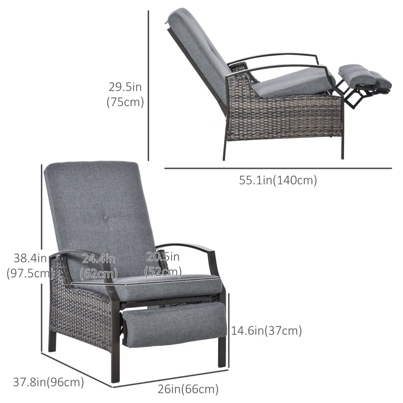 Outsunny Outdoor Rattan Recliner Chair, Wicker Reclining Chair with Adjustable Back Retractable Footrest Cushion Grey