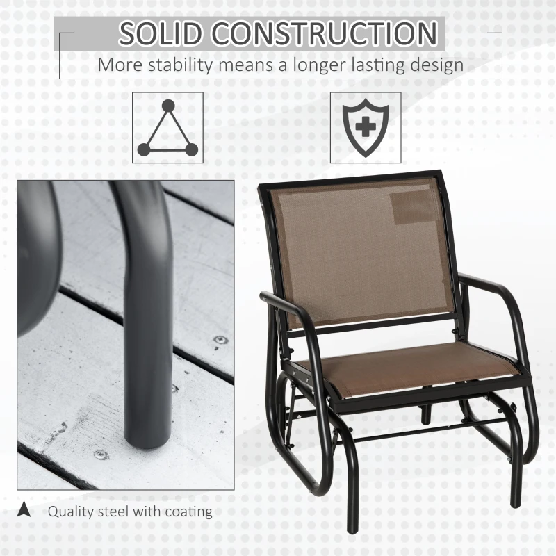 Outsunny Patio Glider with Breathable Mesh Fabric Seat & Backrest, Metal Frame Outdoor Glider Swing Chair with Armrests, Brown