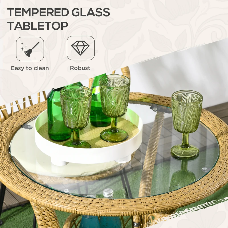 Outsunny 4 Pieces Rattan Dining Set with Storage Basket, Tempered Glass Table Top, for Garden, Backyard, Balcony, Light Brown