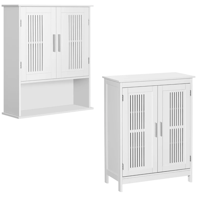 kleankin 2-Piece Bathroom Furniture Set, Small Bathroom Storage Cabinets with Doors and Shelves, Wall Mount Medicine Cabinet and Freestanding Bathroom Floor Cabinet, White