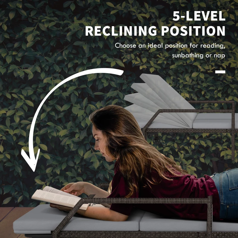 Outsunny 2 Piece Wicker Chaise Lounger PE Rattan Outdoor Lounge Chair Recliner with Adjustable Backrest and 2 Wheels, Grey