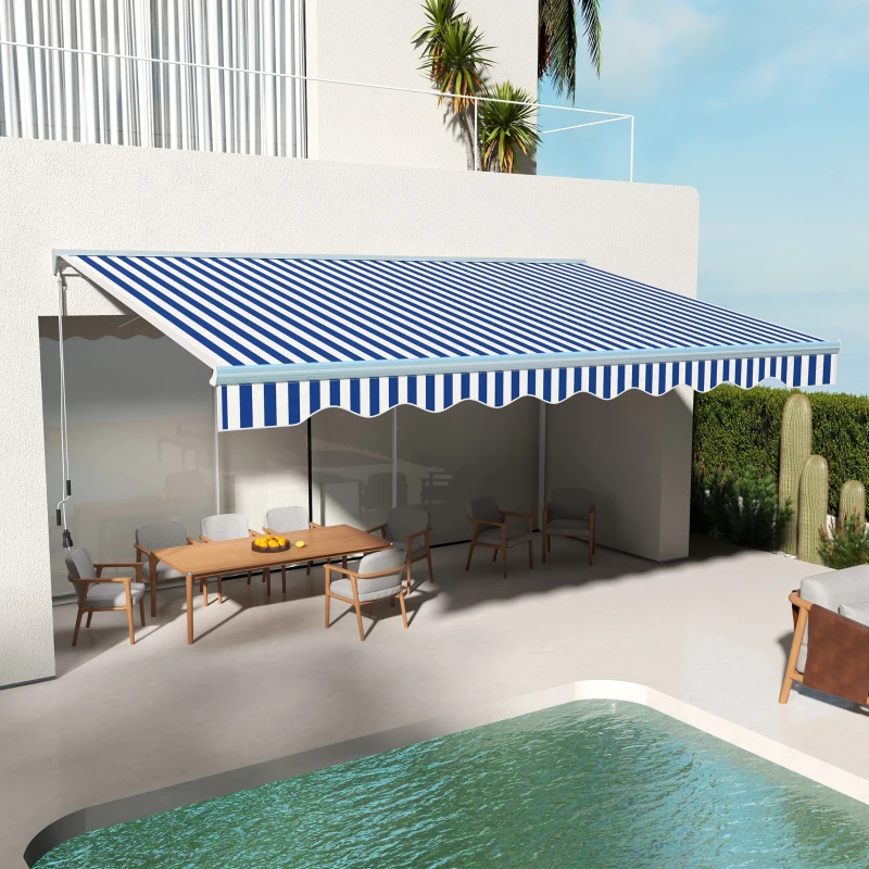 Outsunny 16.5' x 10' Electric Awning, Retractable Awning with LED Lights and Remote Controller for Door and Window, Blue/White