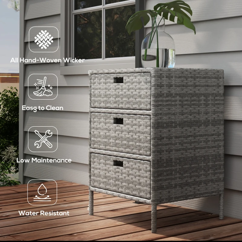 Outsunny Patio PE Rattan Storage Cabinet, Wicker Pool Cabinet Organizer, Outdoor Towel Rack for Pool with 3 Drawers, Gray