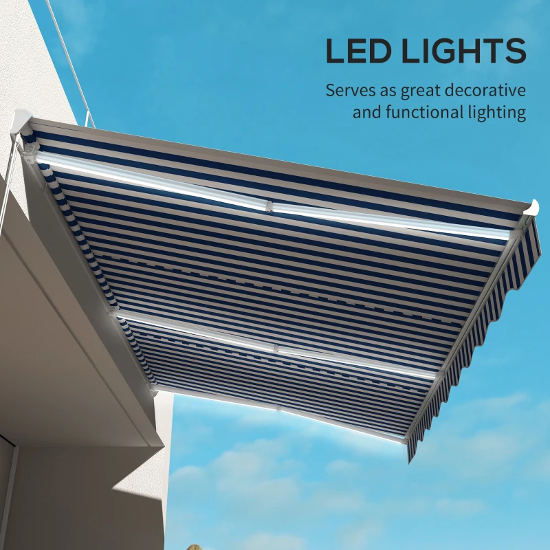 Outsunny 16.5' x 10' Electric Awning, Retractable Awning with LED Lights and Remote Controller for Door and Window, Blue/White