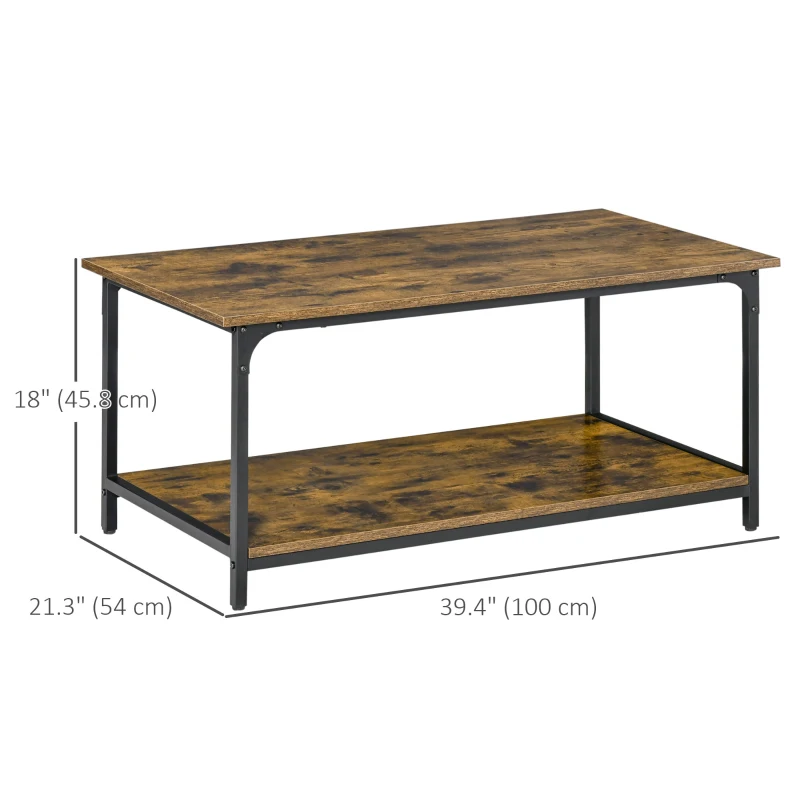 HOMCOM Industrial Coffee Table with Storage Shelf, 2-tier Center Table for Living Room, Rustic Brown