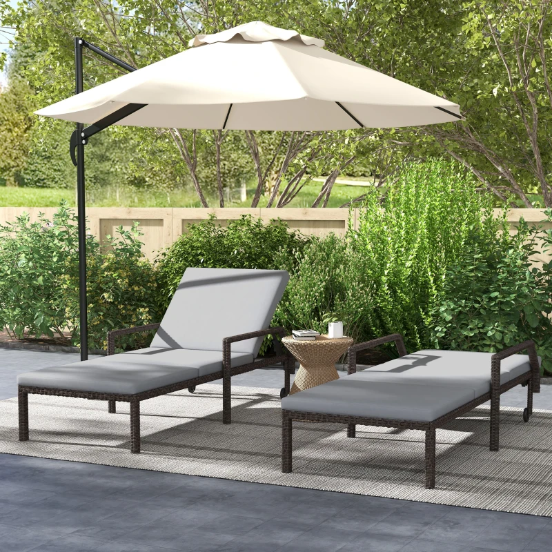 Outsunny 2 Piece Wicker Chaise Lounger PE Rattan Outdoor Lounge Chair Recliner with Adjustable Backrest and 2 Wheels, Grey