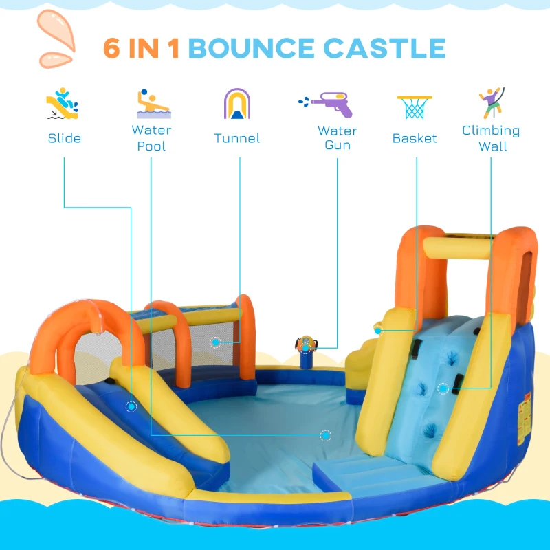 Outsunny 6-in-1 Inflatable Water Slide Kids Bounce House Jumping Castle Includes Slide Basket Pool Water Gun Climbing Wall Tunnel with Carry Bag, Repair Patches and 750W Air Blower