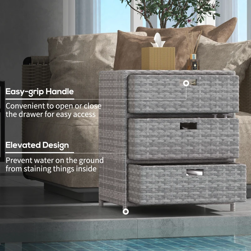 Outsunny Patio PE Rattan Storage Cabinet, Wicker Pool Cabinet Organizer, Outdoor Towel Rack for Pool with 3 Drawers, Gray