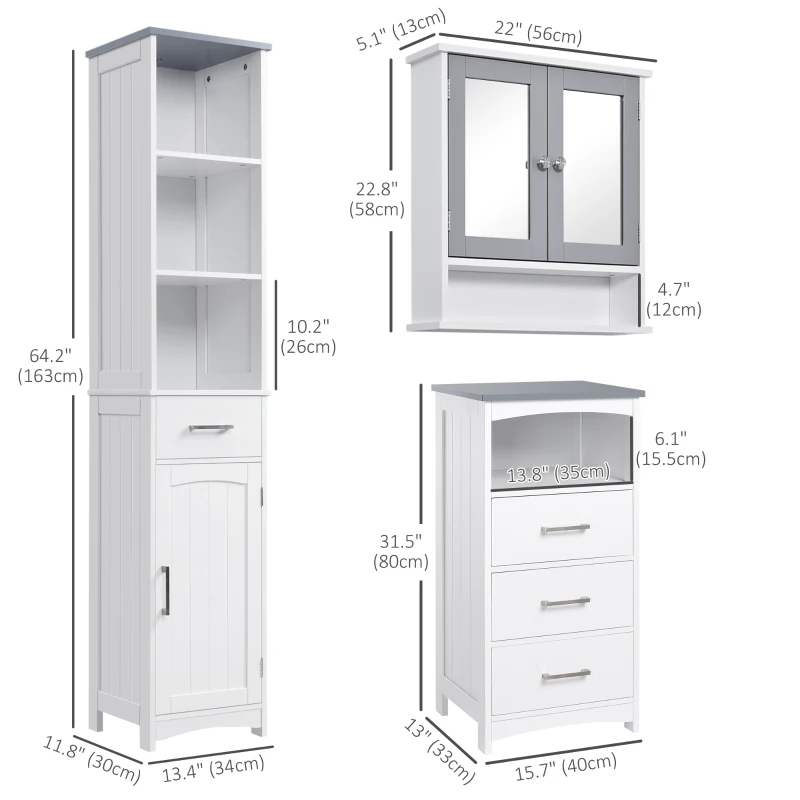kleankin 3-Piece Bathroom Furniture Set, Tall and Small Floor Cabinets, Wall Mount Medicine Cabinet with Mirror, Narrow Bathroom Storage Cabinet with Drawers and Shelves, White