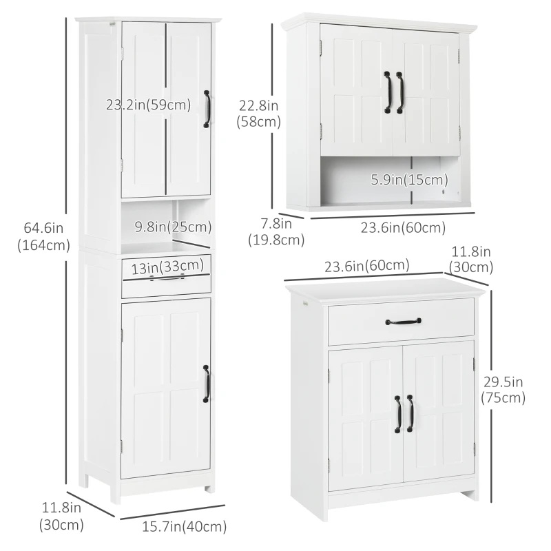 kleankin 3-Piece Bathroom Furniture Set, Modern Bathroom Storage Cabinet with Drawers and Shelves, Tall and Small Floor Cabinets, Wall-mounted Medicine Cabinet, White