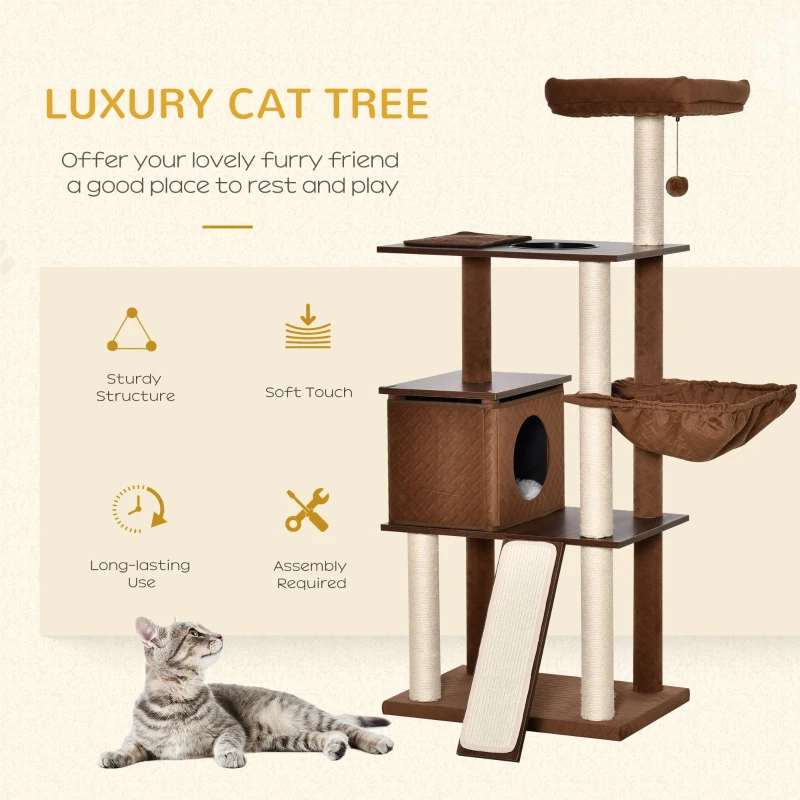 PawHut 58" Huge Cat Tree Kitty Activity Center Cat Climbing Toy Rest Pet Furniture with Sisal Scratching Post Pad Condo Bed Perch Ladder Hanging Ball Brown