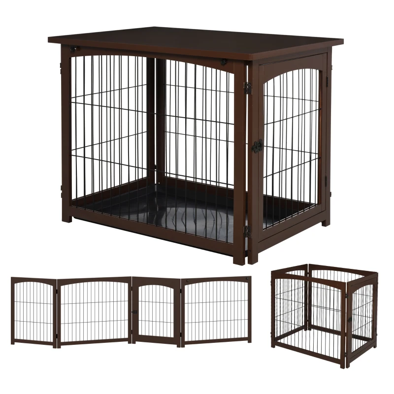 PawHut Wooden Decorative Dog Cage Pet Crate Fence Side Table Small Animal House with Tabletop, Lockable Door, Brown
