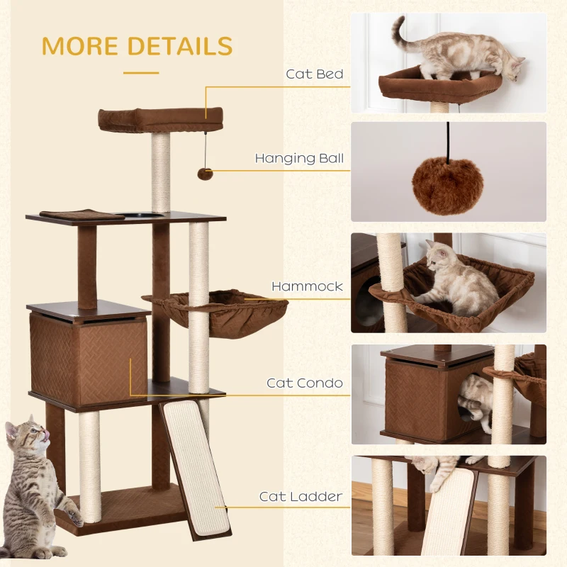 PawHut 58" Huge Cat Tree Kitty Activity Center Cat Climbing Toy Rest Pet Furniture with Sisal Scratching Post Pad Condo Bed Perch Ladder Hanging Ball Brown