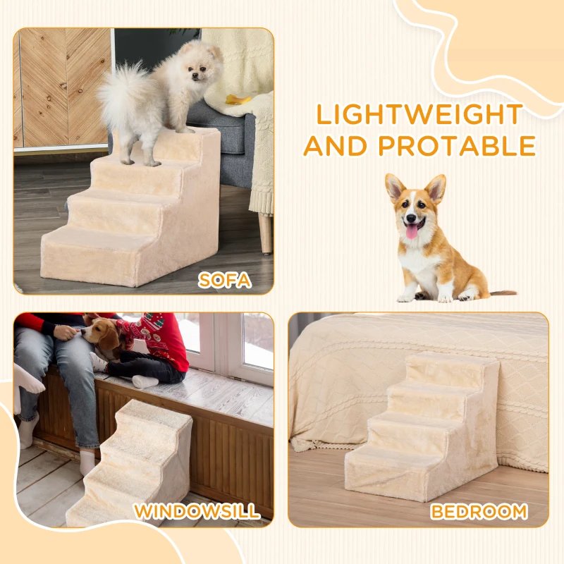 PawHut 4-Step Dog Ramp for Sofa, Bed, and Couch, with Removable Cover, Beige