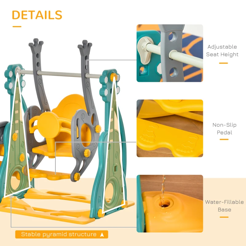 Qaba 4-in-1 Kids Slide and Swing Set with Basketball Hoop and Adjustable Seat Height, Toddler Play Climber Slide Playset for Indoor and Outdoor