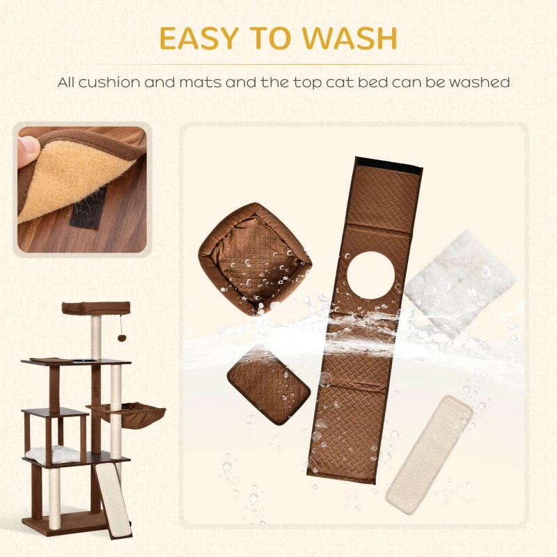 PawHut 58" Huge Cat Tree Kitty Activity Center Cat Climbing Toy Rest Pet Furniture with Sisal Scratching Post Pad Condo Bed Perch Ladder Hanging Ball Brown