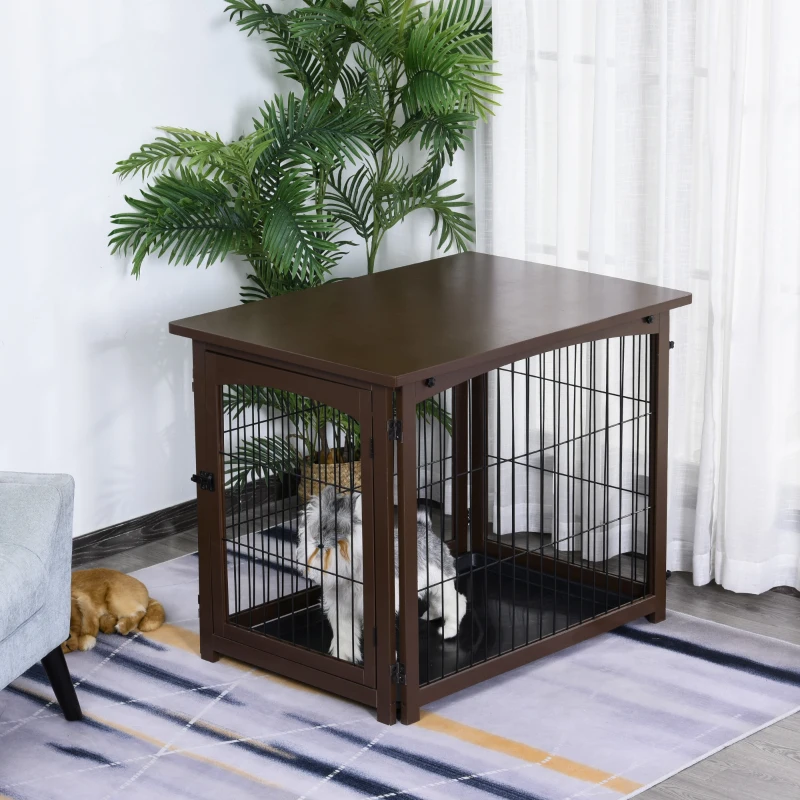 PawHut Wooden Decorative Dog Cage Pet Crate Fence Side Table Small Animal House with Tabletop, Lockable Door, Brown