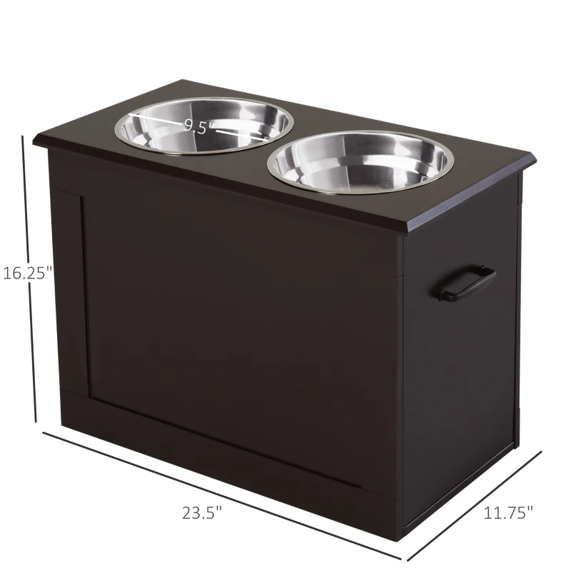 PawHut Elevated Dog Bowls for Large Dogs with Storage 2 Stainless Steel Dog Bowls， Elevated Base for Large Dogs, Coffee
