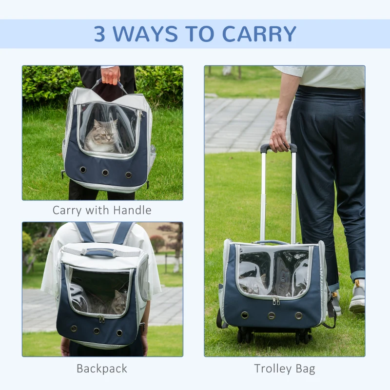 PawHut 3 IN 1 Dog Carrier, Foldable Pet Backpack, Luggage with Telescoping Handle, Adjustable Shoulder Strap for Small Cats & Dogs Travel Hiking, Light Grey
