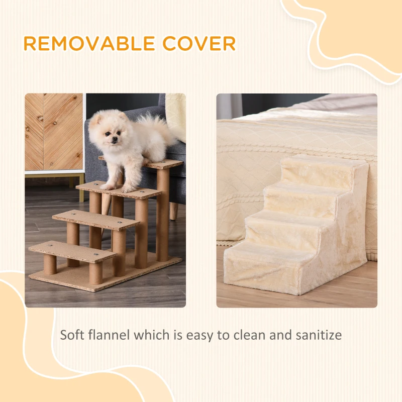 PawHut 4-Step Dog Ramp for Sofa, Bed, and Couch, with Removable Cover, Beige