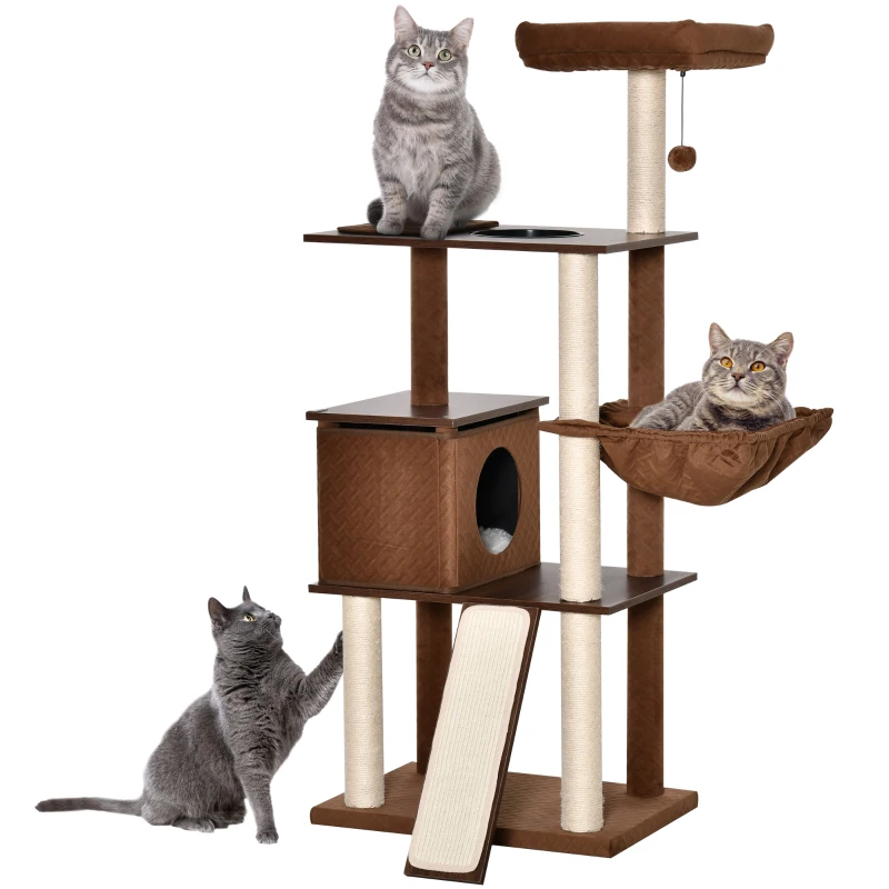 PawHut 58" Huge Cat Tree Kitty Activity Center Cat Climbing Toy Rest Pet Furniture with Sisal Scratching Post Pad Condo Bed Perch Ladder Hanging Ball Brown