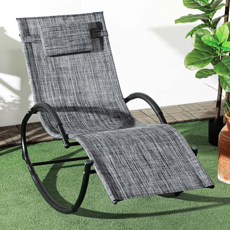 Outsunny Outdoor Patio Rocking Chair, Porch Rocker for Sun Tanning with Pillow and Armrests for Lawn, Beach, Gray