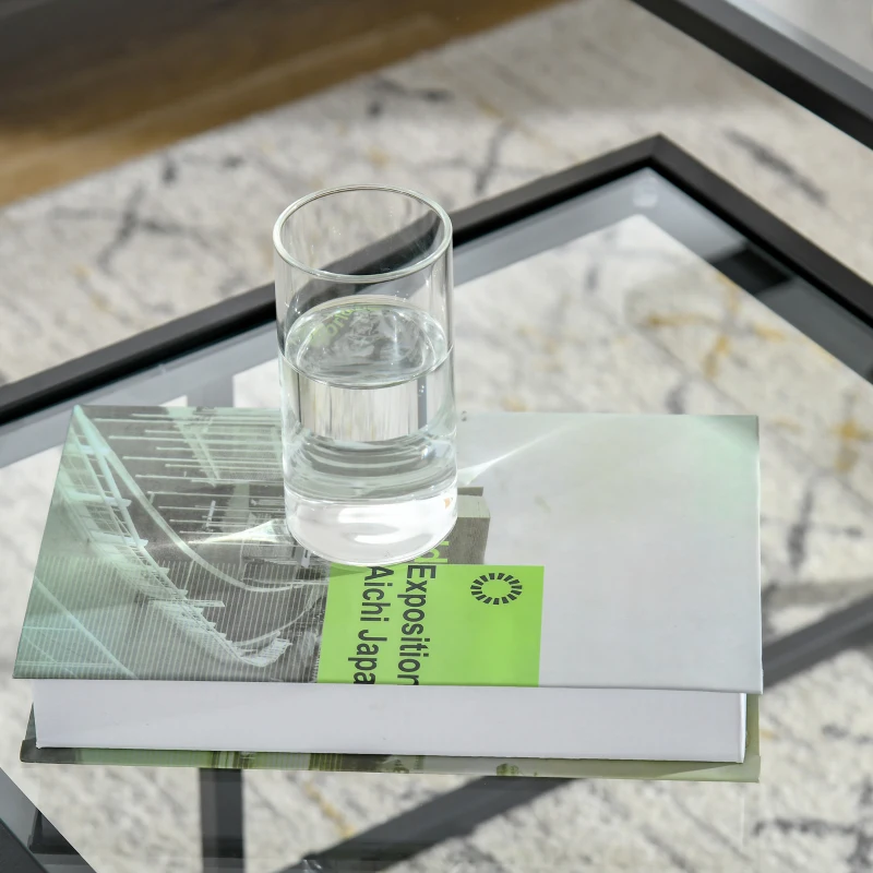 HOMCOM Modern Coffee Table with Tempered Glass Tabletops, 2-Tier Accent Side Table with Metal Frame Adjustable Foot for Living Room, Black