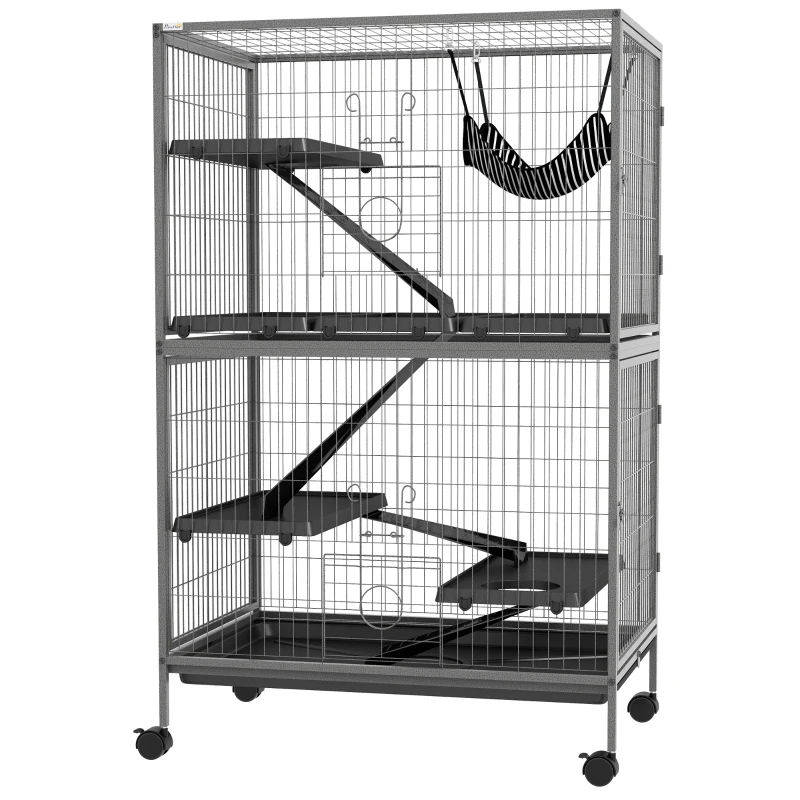 PawHut 5-Tier Rolling Small Animal Cage, Deluxe Guinea Pig Cage, Ferret Cage for Mink Chinchilla Kitten Rabbit Grey