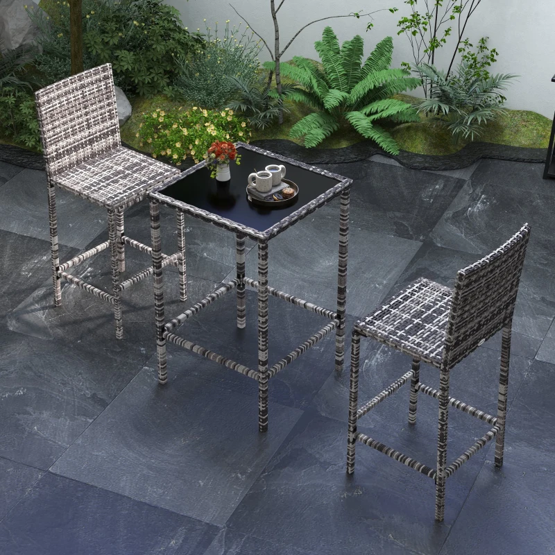 Outsunny 3 Piece Patio Bar Set Wicker Rattan Garden Bistro Set Barstool and Table for Patio Backyard Balcony Poolside, Grey