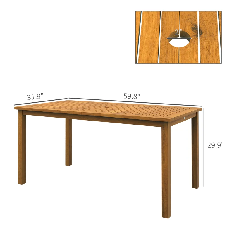Outsunny Acacia Wood Rectangle Patio Table for 6 People with Umbrella Hole for Backyard and Garden, Natural Wood