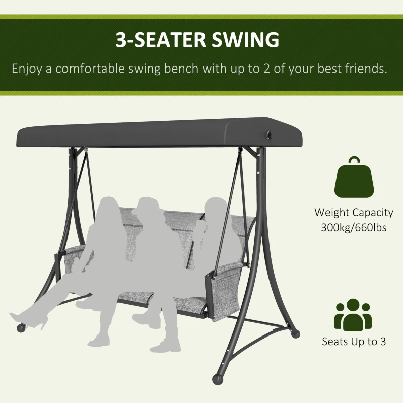 Outsunny 3 Person Outdoor Porch Swing Chair with Adjustable Canopy, Mixed Grey