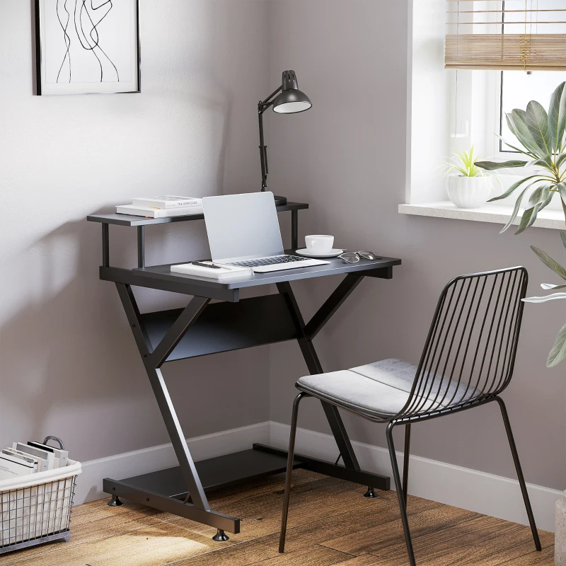 HOMCOM 28" Compact Computer Desk, Industrial Z-Shaped Writing Desk with Monitor Shelf and Storage, Workstation for Home Office, Black