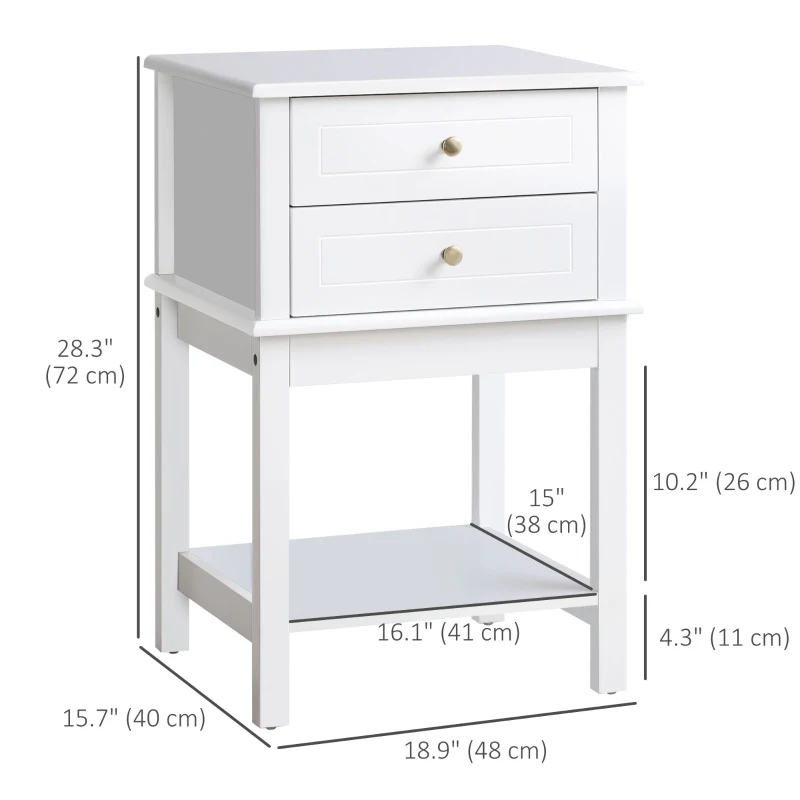 HOMCOM Modern Sofa Side Table, Accent End Table with Drawers and Storage Shelf, Nightstand for Bedroom Living Room, White