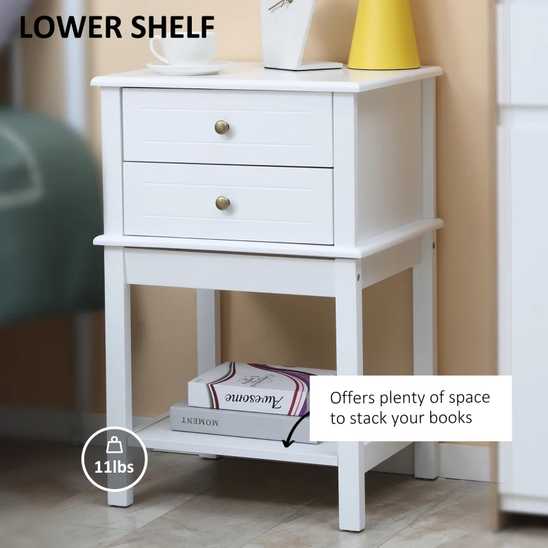 HOMCOM Modern Sofa Side Table, Accent End Table with Drawers and Storage Shelf, Nightstand for Bedroom Living Room, White