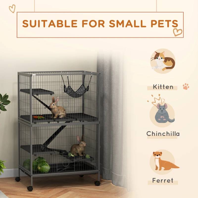 PawHut 5-Tier Rolling Small Animal Cage, Deluxe Guinea Pig Cage, Ferret Cage for Mink Chinchilla Kitten Rabbit Grey