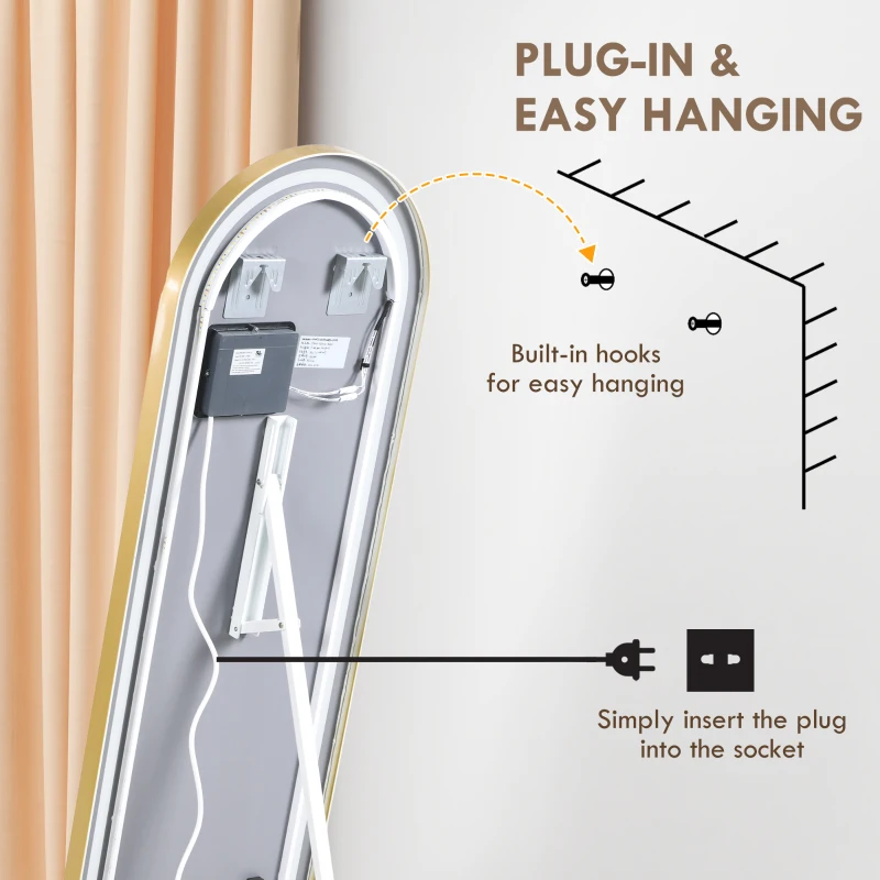HOMCOM Standing Mirror with LED Lights, 58" x 20" Floor Mirror, Full Body Mirror with Dimmable and 3 Colour Lighting, Gold