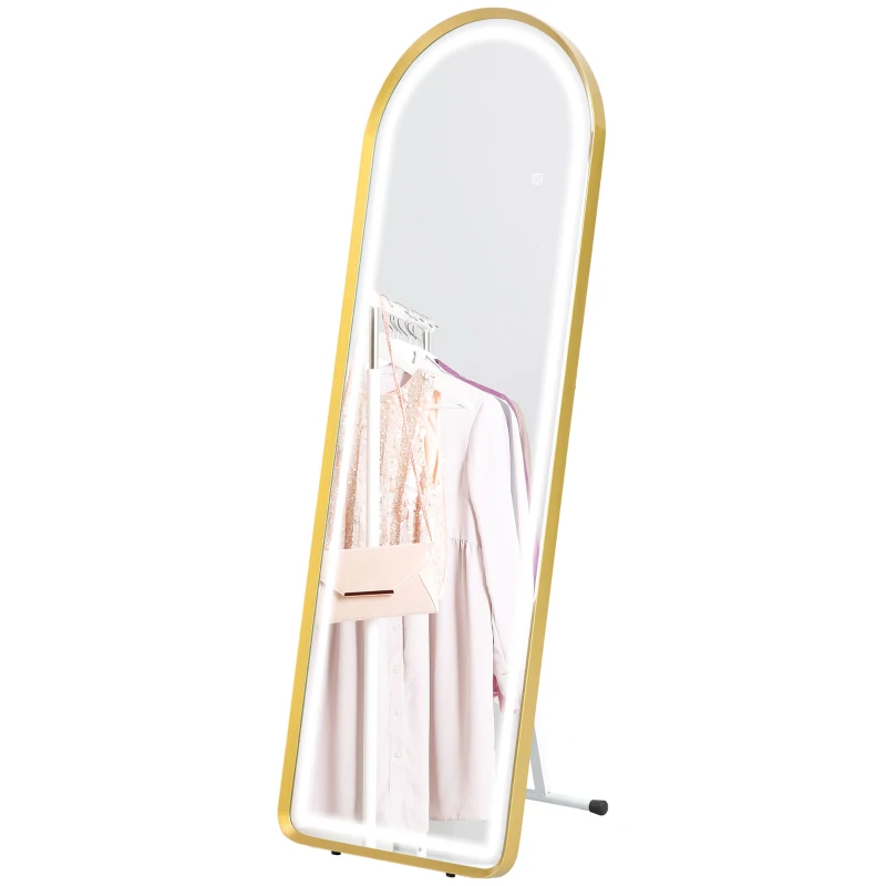 HOMCOM Standing Mirror with LED Lights, 58" x 20" Floor Mirror, Full Body Mirror with Dimmable and 3 Colour Lighting, Gold