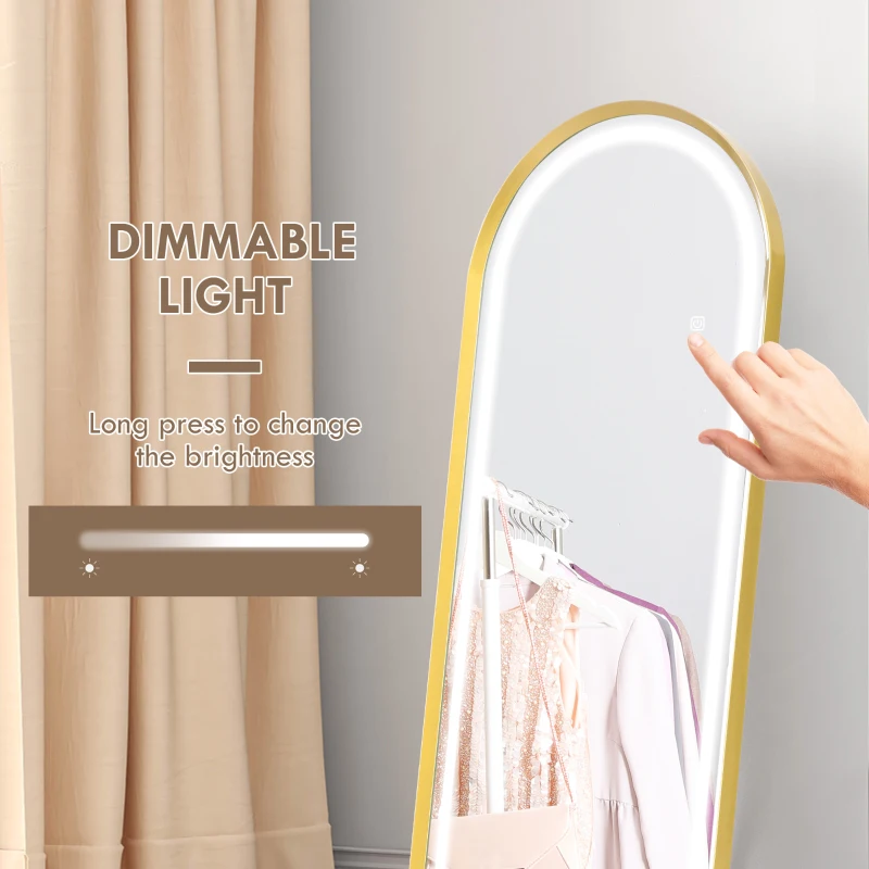 HOMCOM Standing Mirror with LED Lights, 58" x 20" Floor Mirror, Full Body Mirror with Dimmable and 3 Colour Lighting, Gold