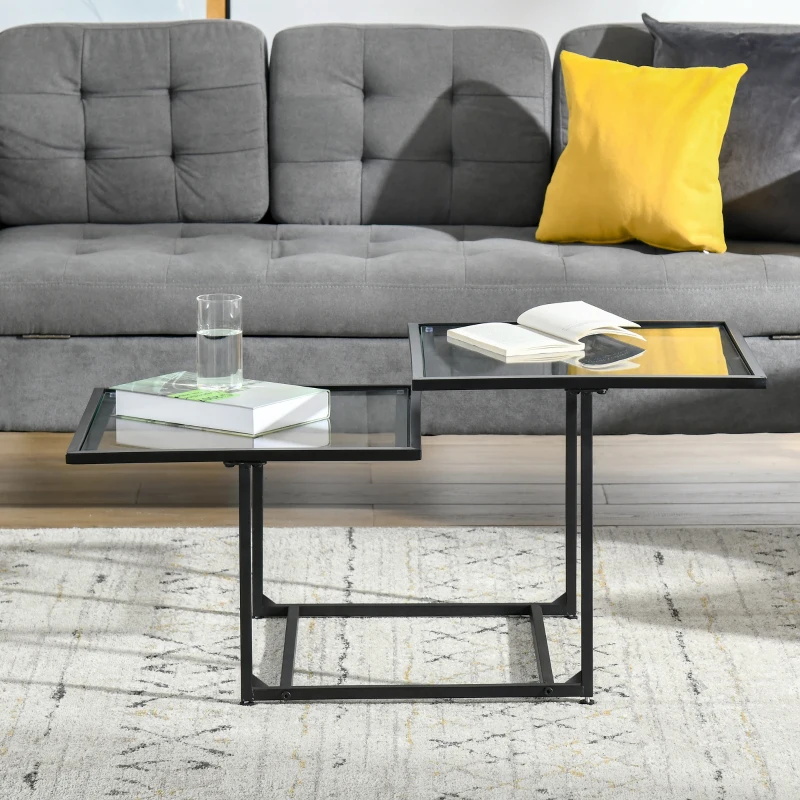 HOMCOM Modern Coffee Table with Tempered Glass Tabletops, 2-Tier Accent Side Table with Metal Frame Adjustable Foot for Living Room, Black