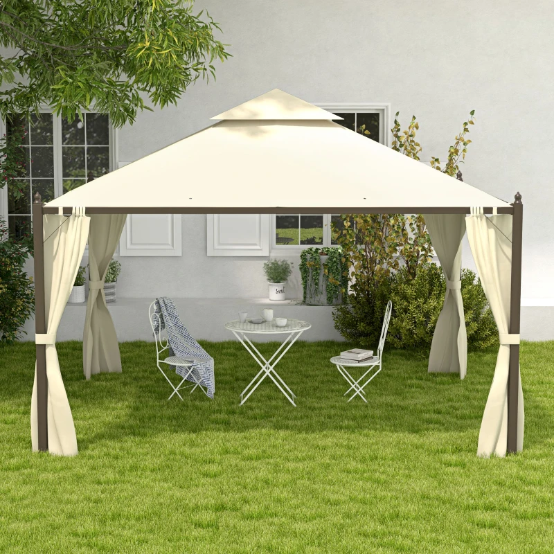 Outsunny 10' x 12' Outdoor Patio Gazebo with Curtains, Two-Tier Roof, Beige