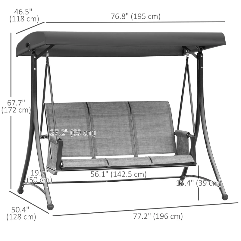 Outsunny 3 Person Outdoor Porch Swing Chair with Adjustable Canopy, Mixed Grey